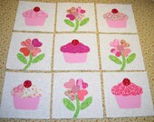 Set of 9 Adorable Pink Flower and Cupcake Quilt  Blocks