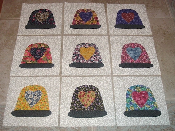 9 Scrappy Thimbles with Heart Quilt Top Blocks