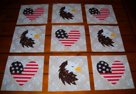 9 American Eagle and Heart Flags Quilt Blocks