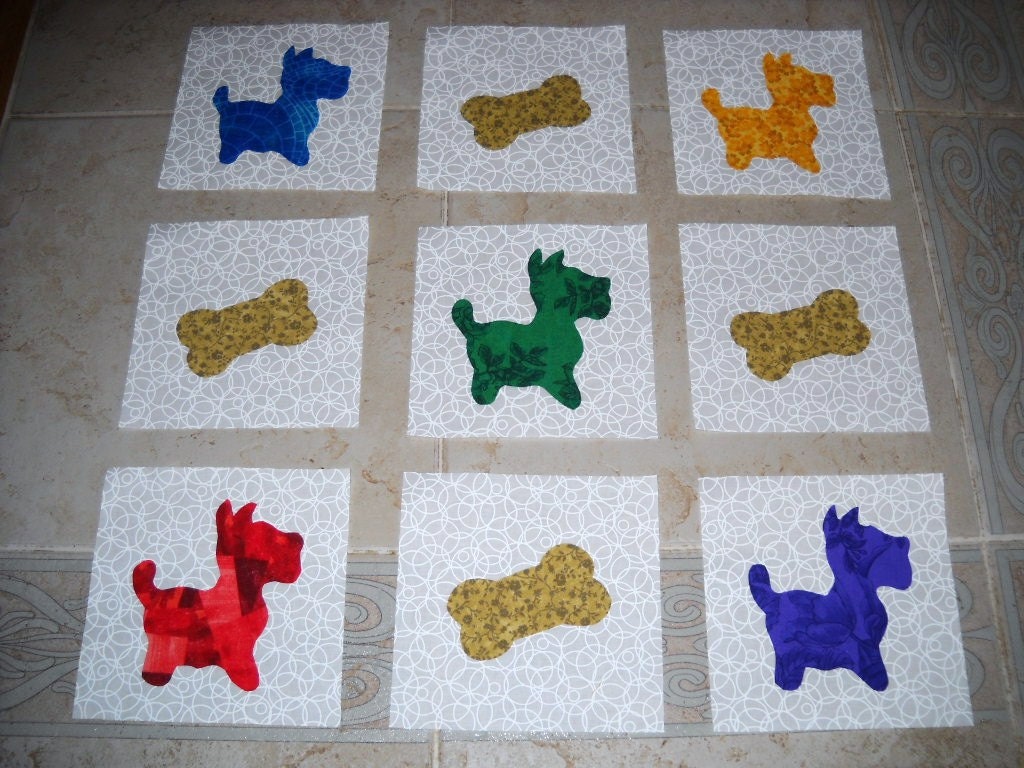 9 Bright Puppy Dogs and Milk Bones Quilt Blocks