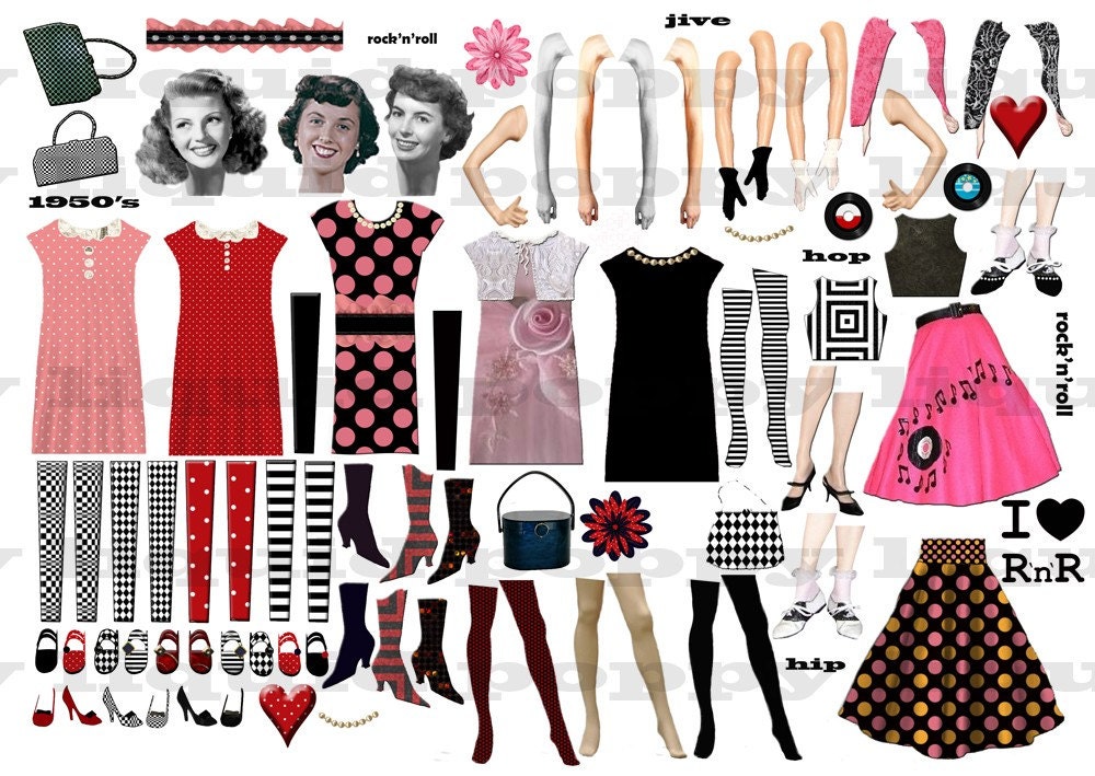Digital Collage Sheet 192 Retro PNG and JPEG 1950s Clothing and Accessories
