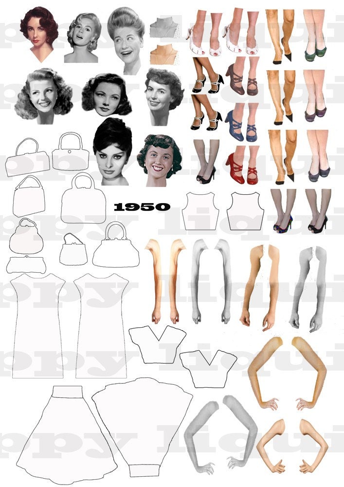 Digital Collage Sheet 191 Retro PNG and JPEG 1950s Clothing Accessories Faces - Colour your own