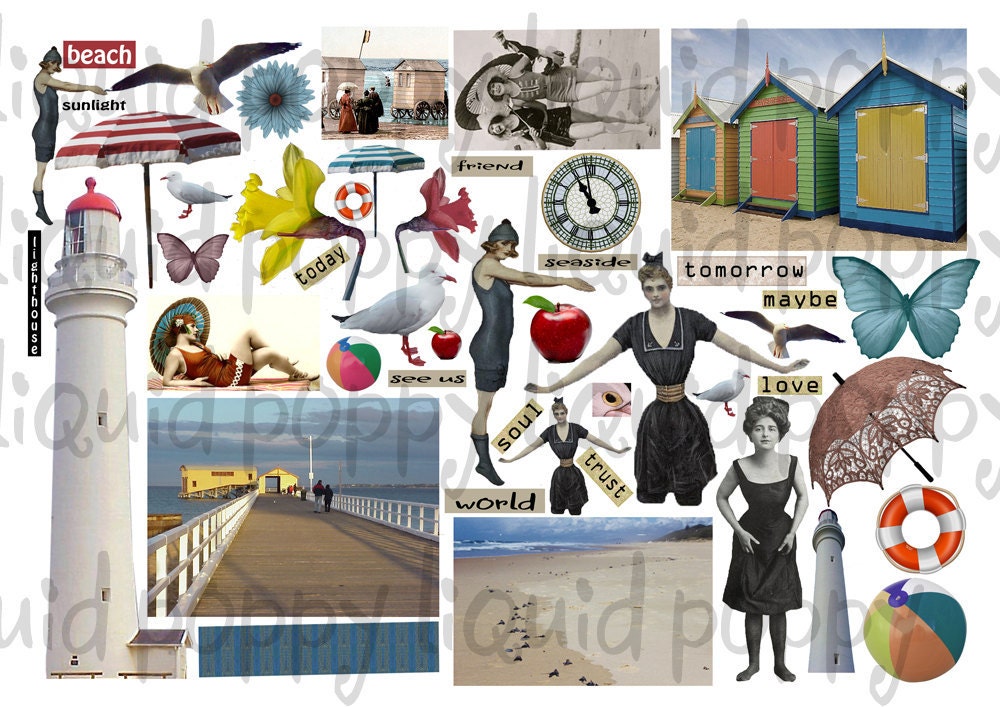Beach Bathers Collage Sheet  No 283  Vintage Bathing Costume Bathing Shed  Emailed to you as PNG or JPEG