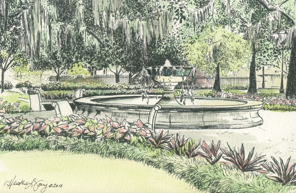 Orleans Square Fountain Savannah Watercolor Ink Print