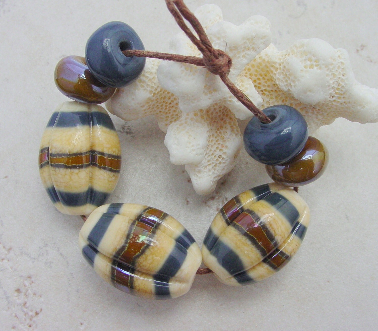 Lampwork Beads - HandmadeGlass Beads - Chunky Ivory, Brown & Blue