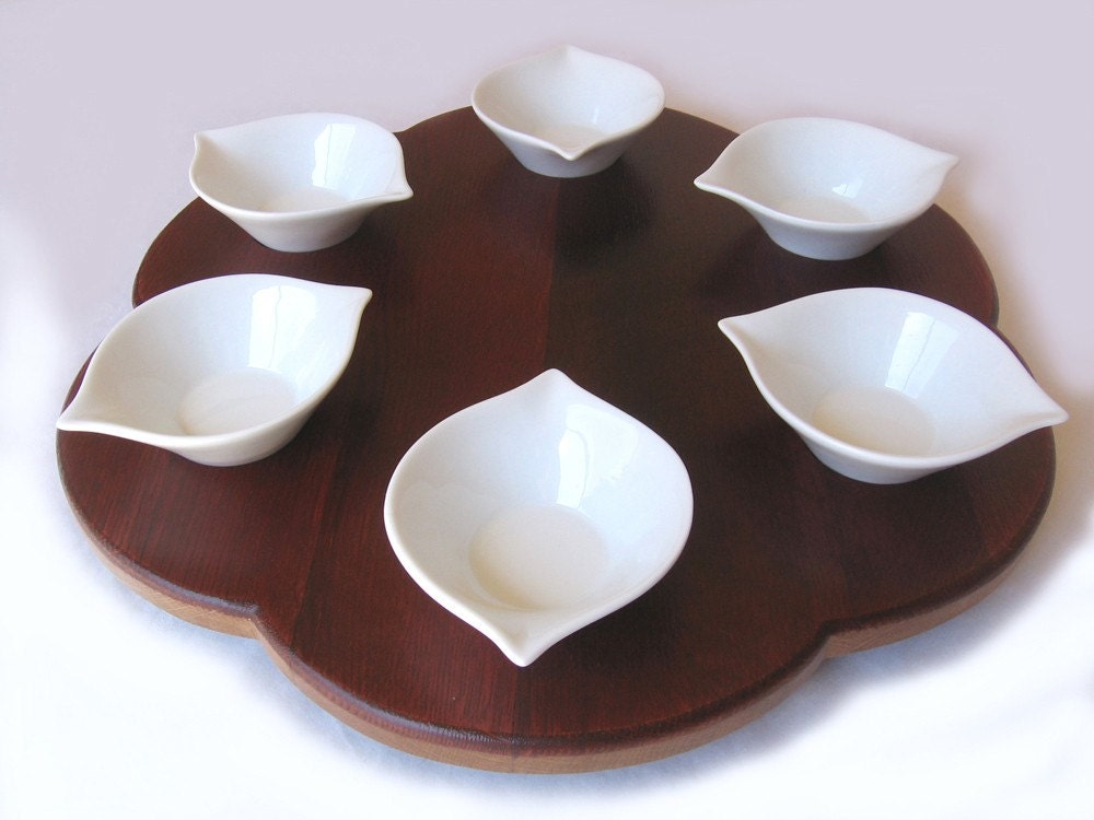 Rondo, Seder plate recycled oak wine barrel head, 6 bowls white ceramic. LIMITED EDITION Only ONE left
