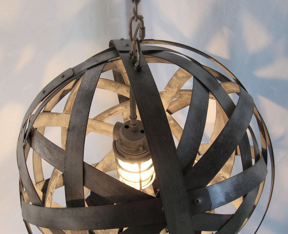 Orbits, urban chandelier, recycled wine barrel metal hoops, galvanized steel bands, ceiling light fixture