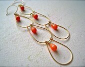 peacock feathers dangle earrings - peach coral, delicate, golden loops, dangle, fashion, handmade jewelry, under 75, E08