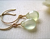 greens earrings - glowing green gemstone earrings, prehnite, gold, simple drops, handmade jewelry, DE06G