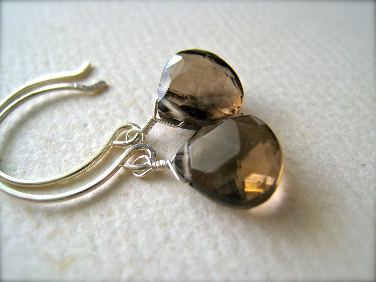 dark night earrings - smokey quartz earrings, wire wrapped, silver drops, chocolate brown, handmade jewelry