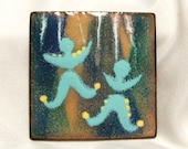 Mod Puppet Dancers Vintage 1960s Copper Enamel Pin Sea Aqua Blues