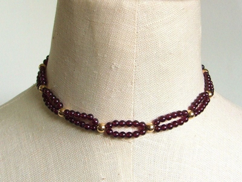 Vintage 80s Choker Necklace Double Loop Garnet Beads