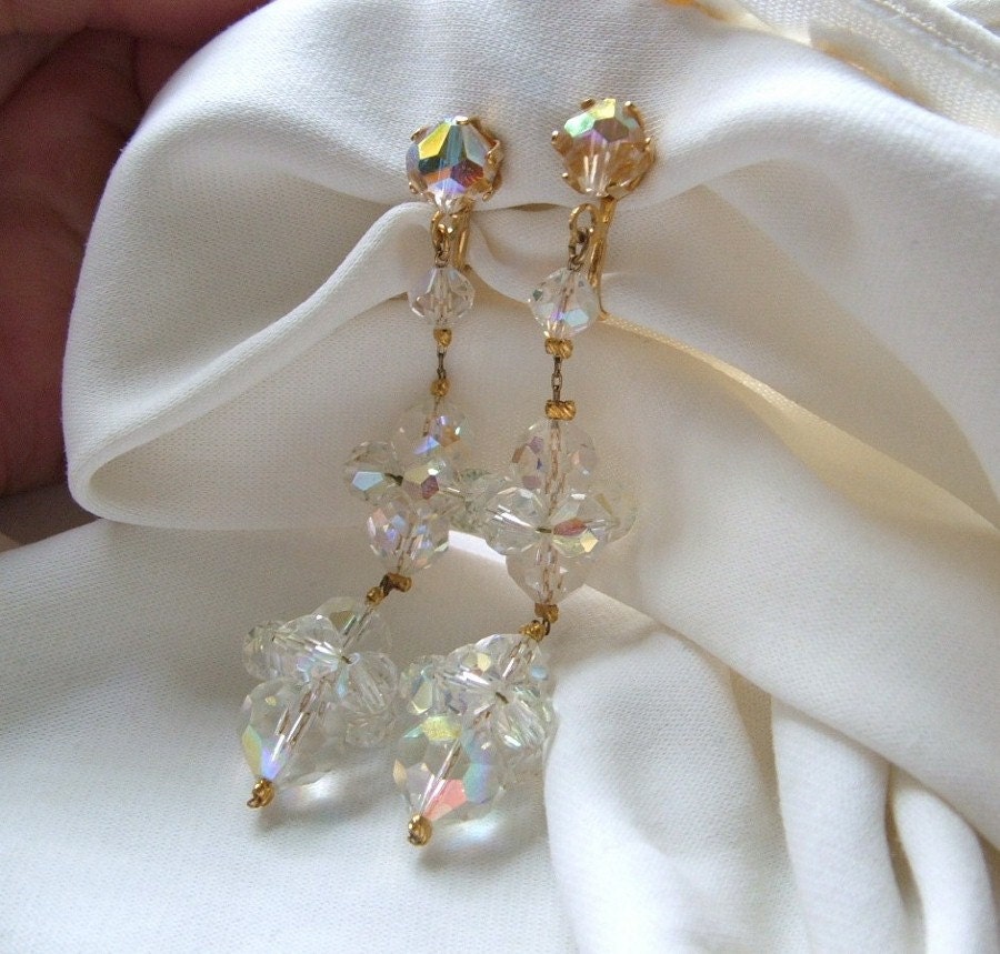 Vintage Earrings Long AB Crystal Dangle Chandelier  clip on