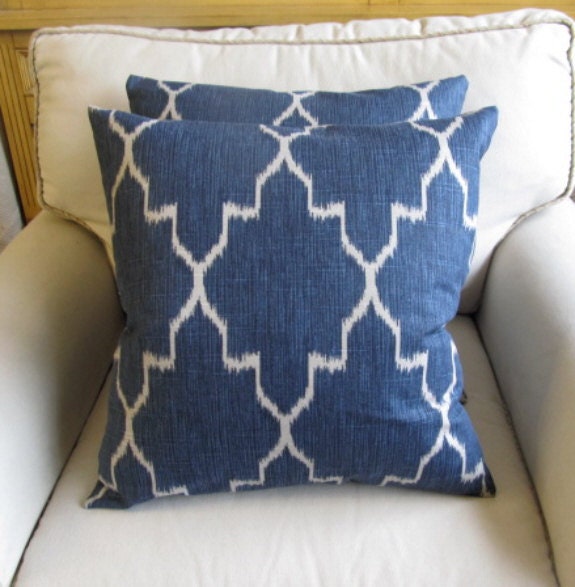 Ikat Indian Blue /TWO pillow covers 18x18 same fabric front and back