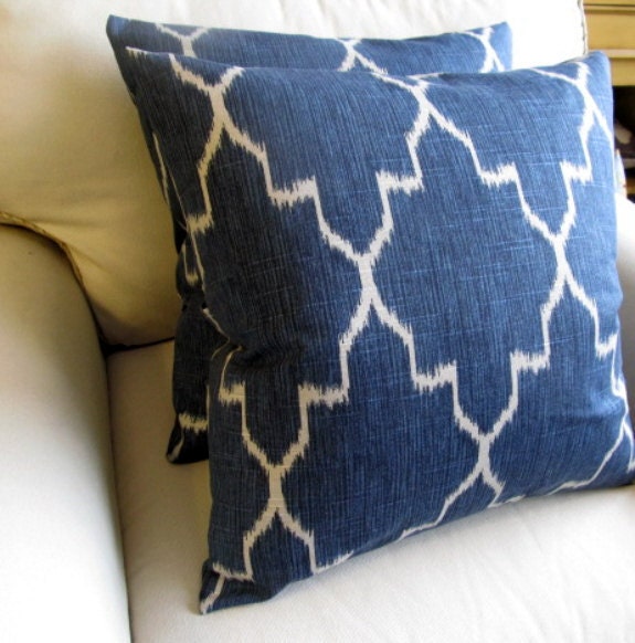 Ikat Indian Blue /TWO pillow covers 18x18 same fabric front and back