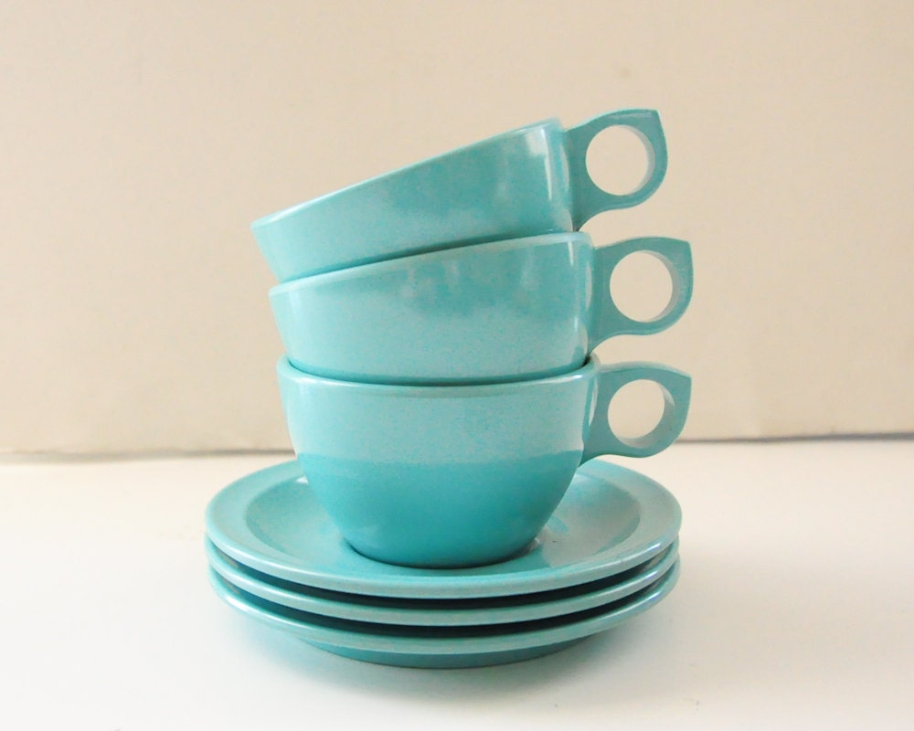 3 Mid-Century Modern Turquoise Melmac Cups and Saucers