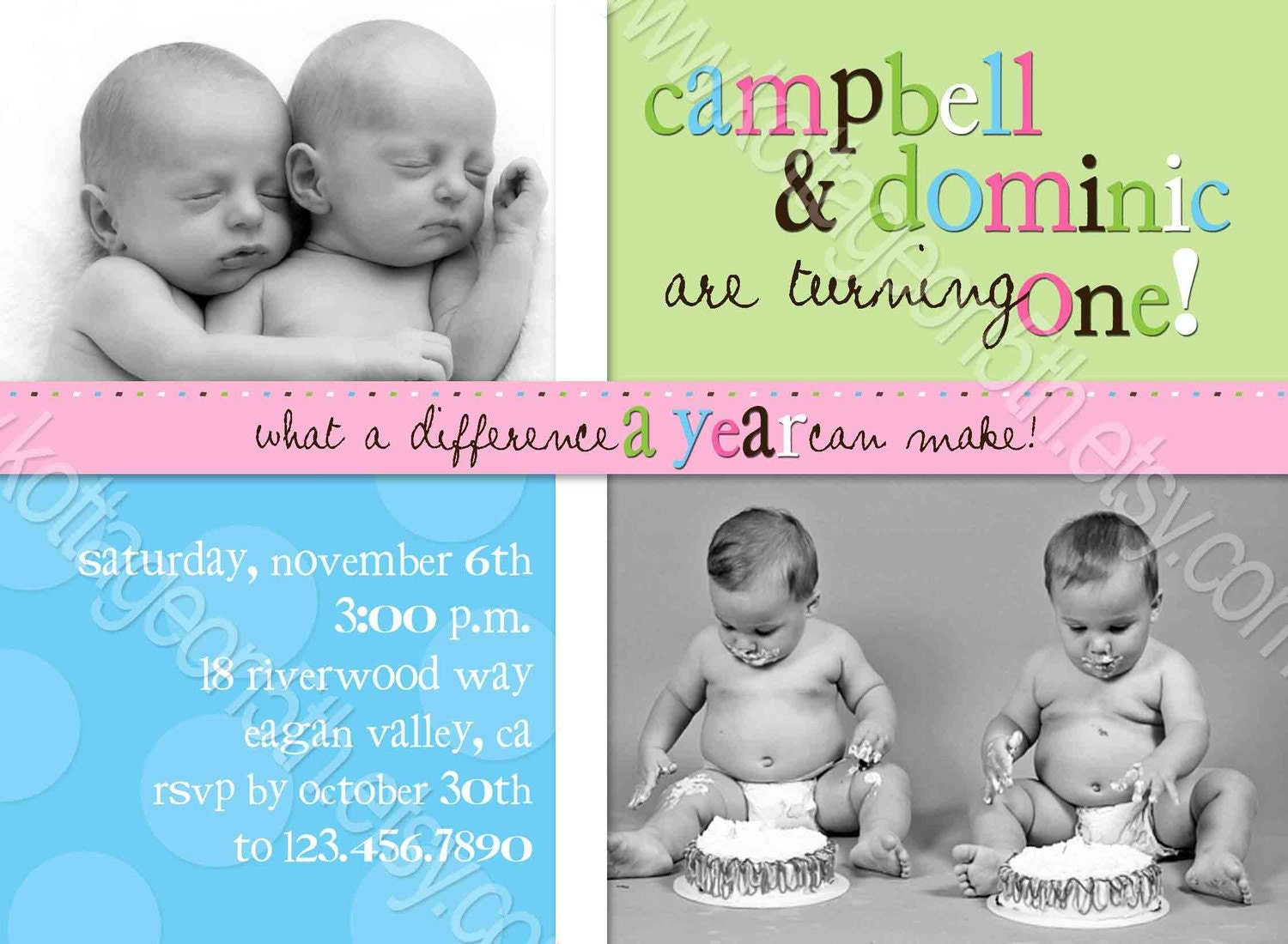 2 Photo - Twins - ANY AGE - Printable Birthday Party Invitation - Personalized Digital Photo Card for your Multiples
