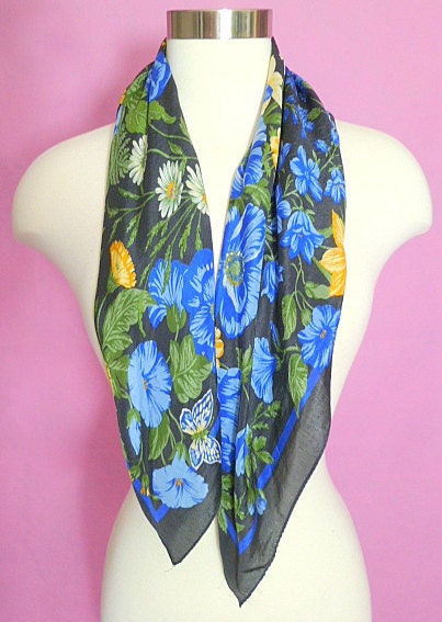 Vintage Floral Scarf - Blues, Golds, Greens on Black