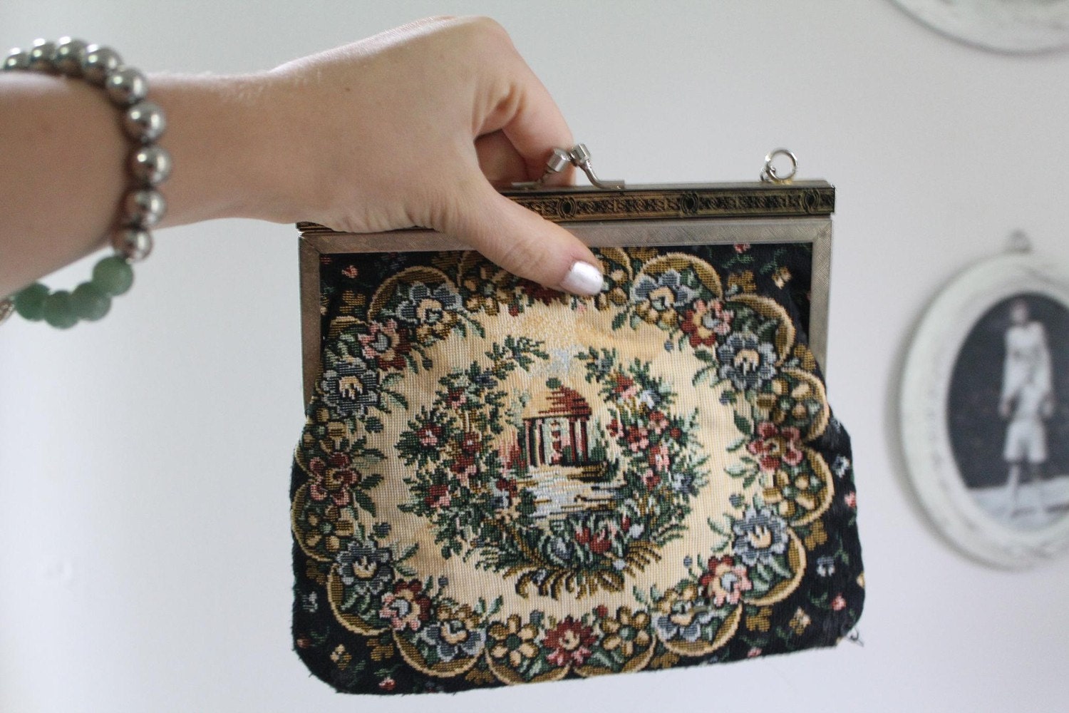 Penelope bag. Vintage 1970s small floral tapestry handbag with roses and cottage scene