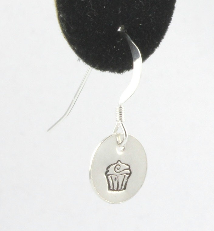 Cupcake Dangle Earrings Sterling Silver Hand Stamped