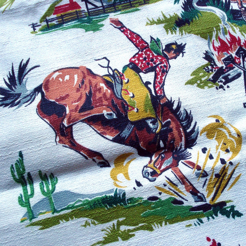 1950s Vintage Barkcloth Fabric Western Cowboy By Selvedgeshop