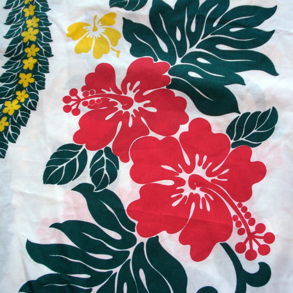 Vintage Screen Print Fabric - TIKI - Hibiscus Flowers - Large Print - Cotton - Tropical