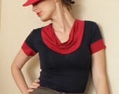 Red & Navy V Neck Knit Jersey Top, Fashion T-shirt w Cowl Neck, Short Sleeve w Cuff, Navy Blue Body, Red Trim, Made In Australia