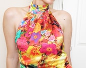 Halter Top, Bright Psychedelic Printed Satin Halter Top, Floral Design, Tie at Gathered Neck, 1970's retro style, Pink, Yellow, Green, Red