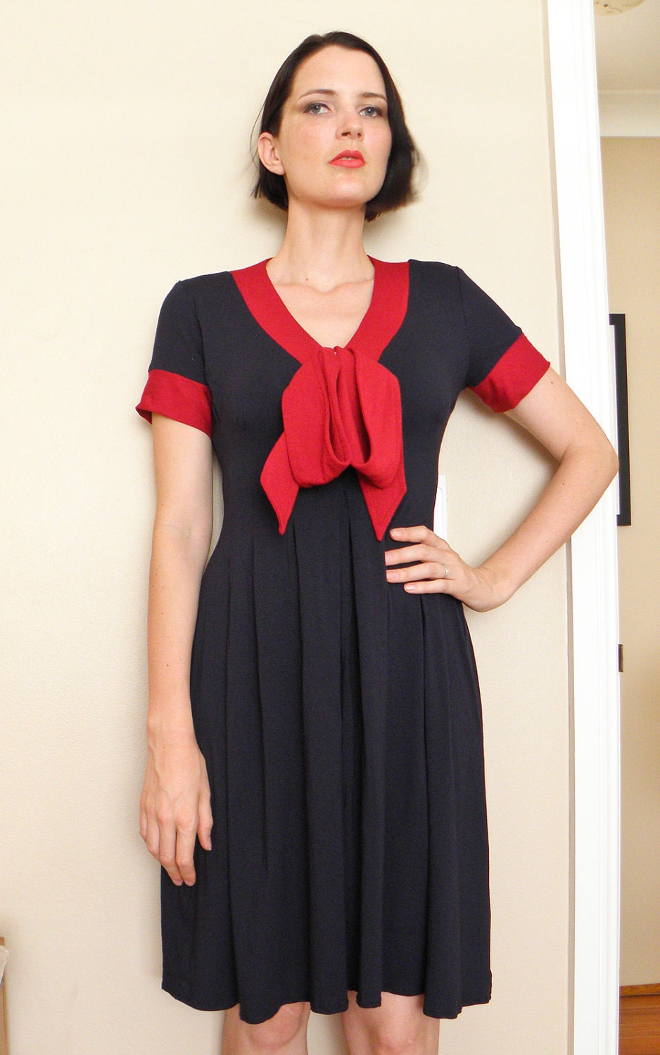Red Navy Dress w Large Bow at V-neck, Jersey Knit Dress, Knee Length, Short Sleeved, Large Red Bow at Bust, Nautical.