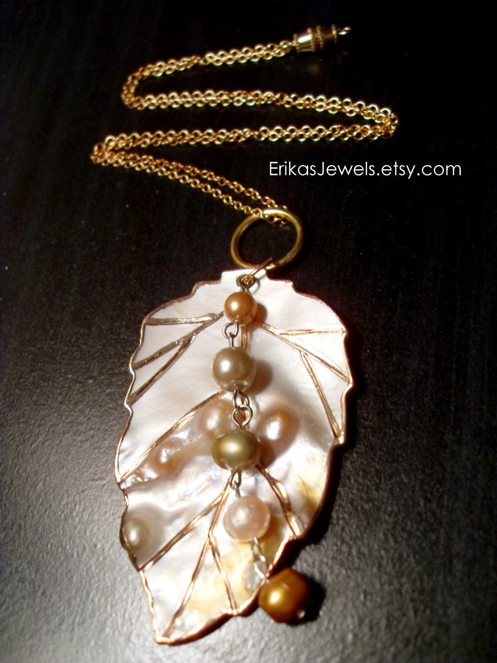RESERVED for Elizabeth Gamba only -- Leaf and Pearls Necklace - Freshwater Pearls and Shell --