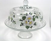 Lovely Hand Painted  Daisy and Blueberry Cake Dome and Server