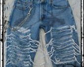 Handmade Custom Levis Mens Super destroyed dirty painted Junker style metal stud chain jeans 30