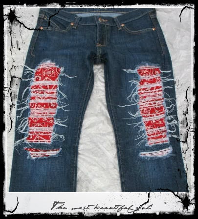 Size-6 New Destroyed Red Bandana patch Swarovski Crystal jeans