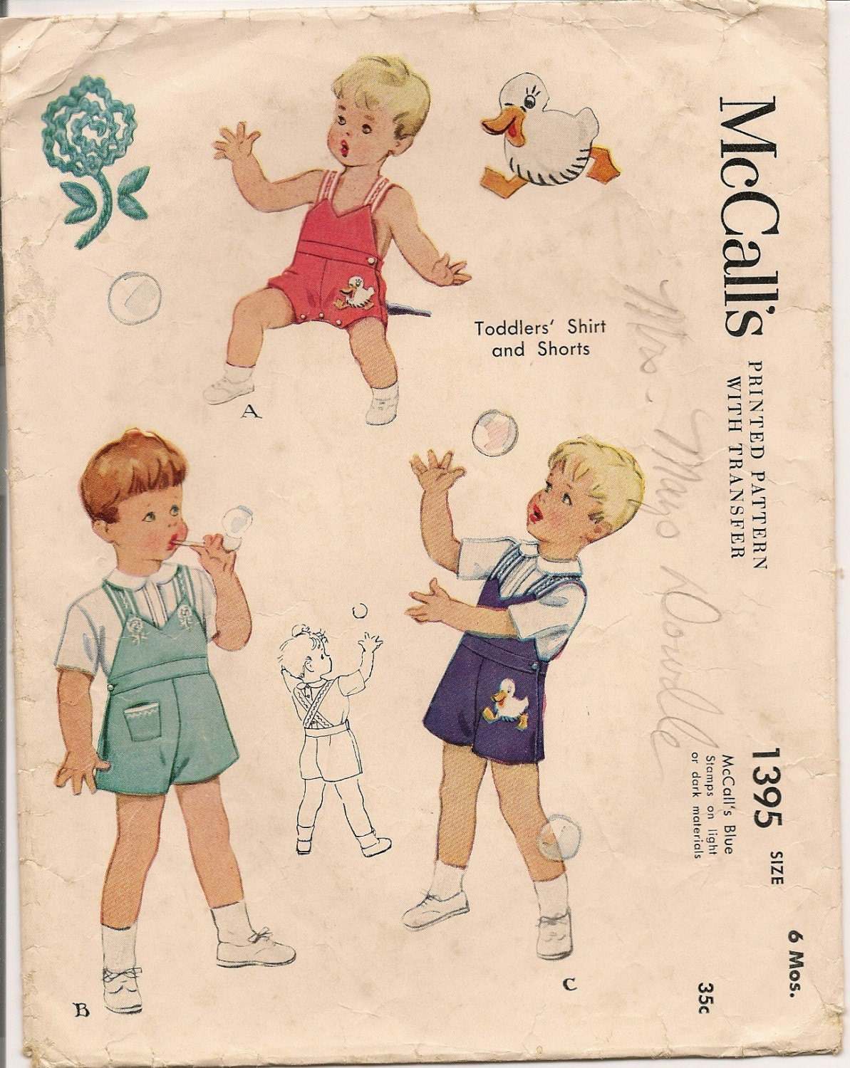 1940's McCalls Toddlers Shirt and Shorts Pattern with Embroidery Transfer