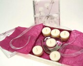 Tealight Candle Set Gift Zen Blossoms Love Ivory White Tea Light Soy Candles 6 Piece Set with Glass Heart Tealight Candle Holder Limited Ed.