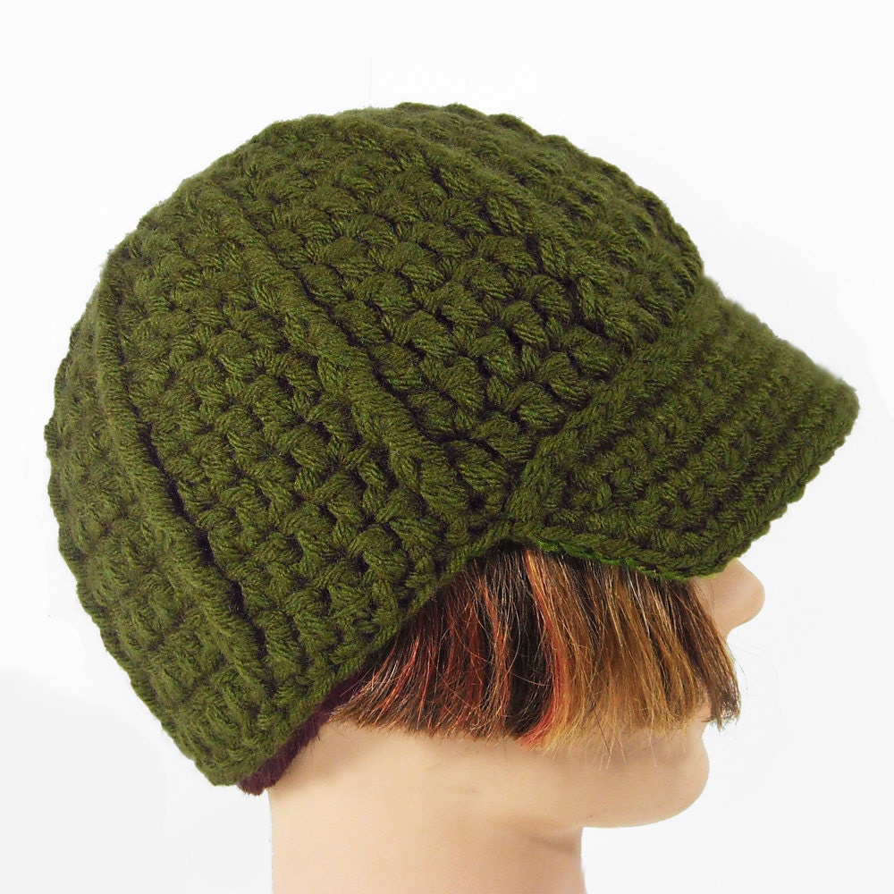 Green Handmade Beanie, Men or Women's Hat with Visor, Olive, Moss, Any size