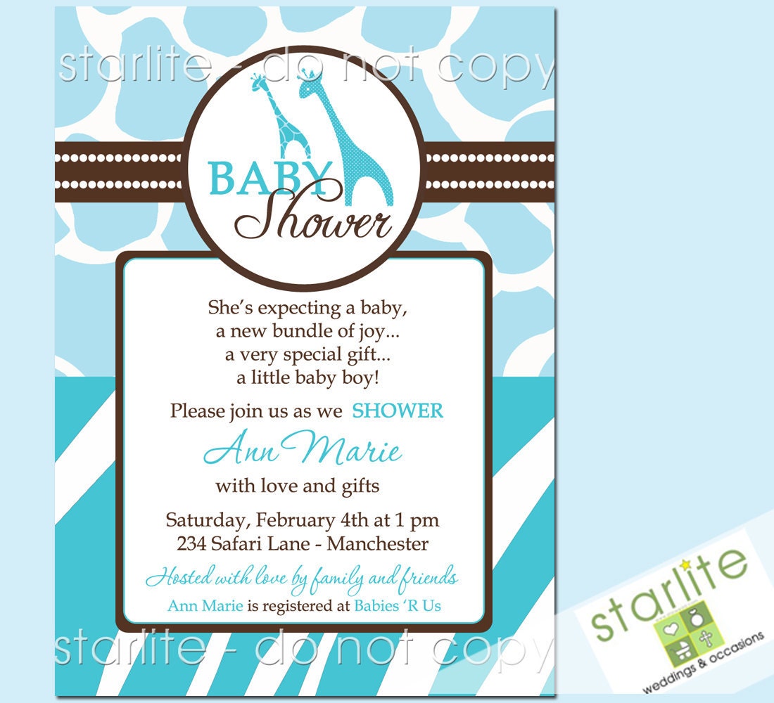 Wild Safari Blue - Baby Shower Invitations -  Style 2 - Baby Boy - Animal Prints - Jade Blue Brown - Printable