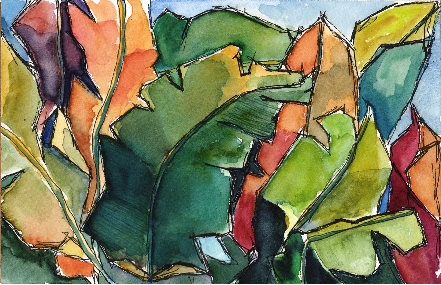 Art Painting Watercolor Abstract Tropical Leaves Foliage Garden PRINT