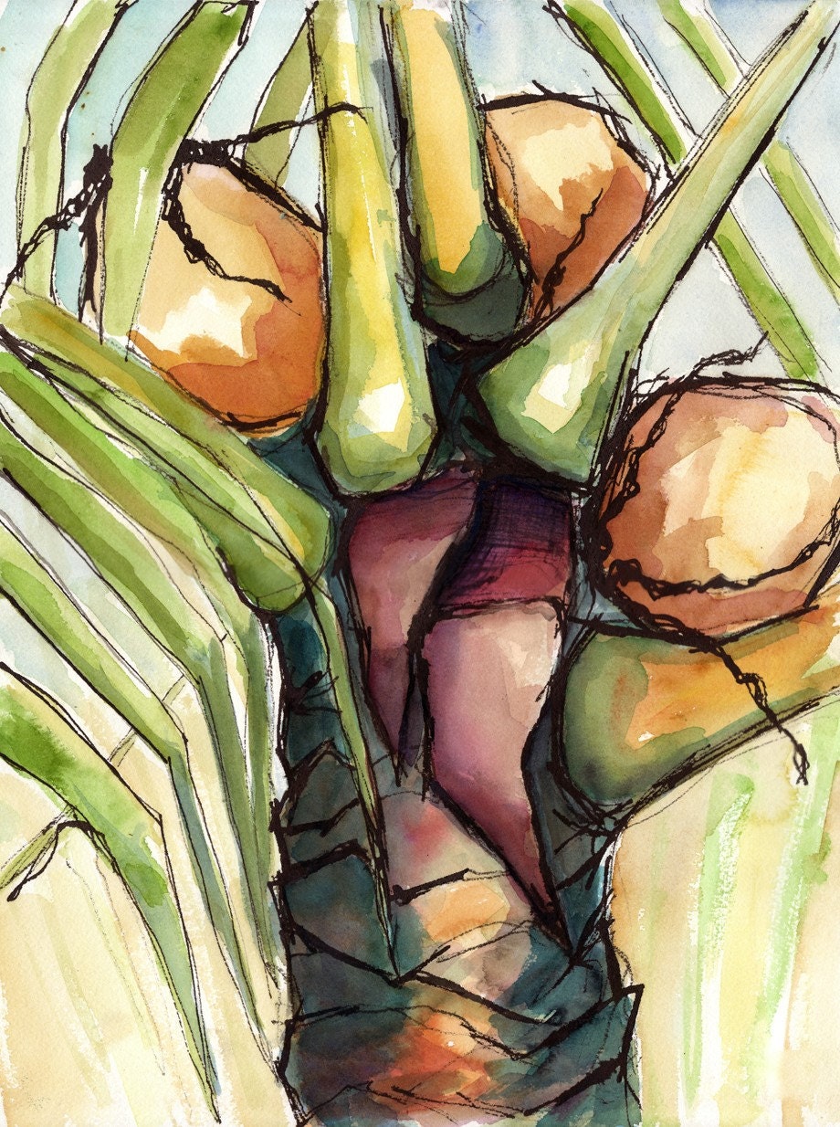Art Painting Watercolor Tropical Coconut Palm Tree Caribbean Print