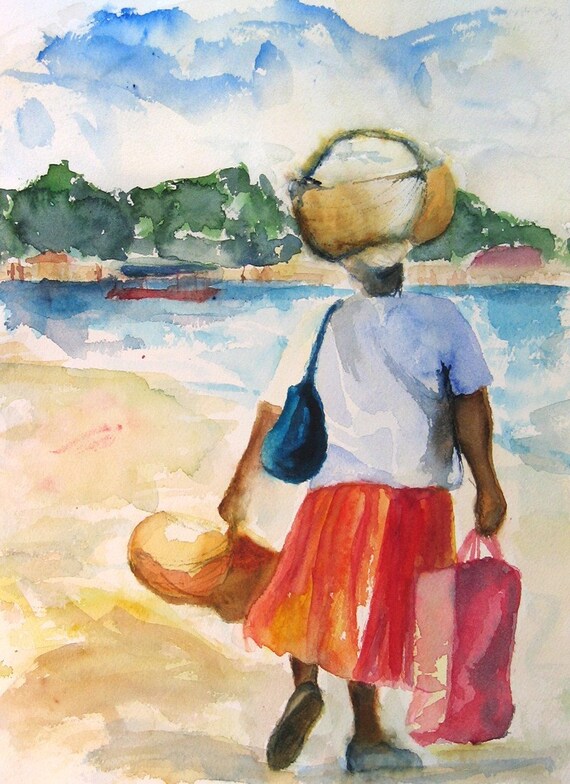 Miami tropical plants Art PRINT Jamaican Woman w Fruit Basket Walking by vhmckenzie