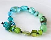 Ombre Eclectic Glass Beads Knotted Bracelet in Greeen and Blue - Mayahelena