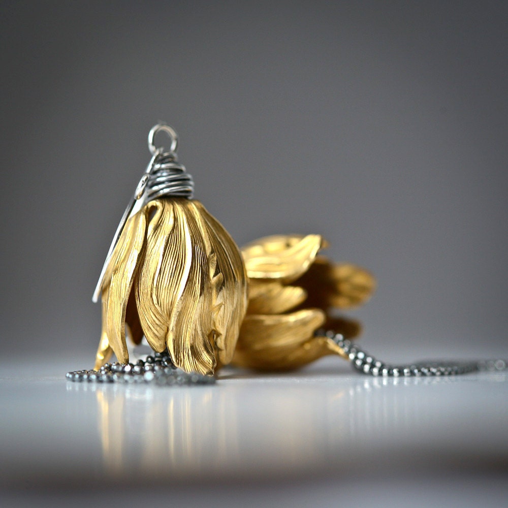 Brass Tulip Tassels - Mixed Metal Sterling Silver Wire Wrapped Earrings - SALE 15% Off - Mayahelena