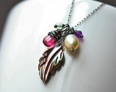 Mother of Pearl Carved Leaf Pink Tourmaline Freshwater Pearl and Amethyst Charm Sterling Silver Wire Wrapped Necklace - SALE 15% Off