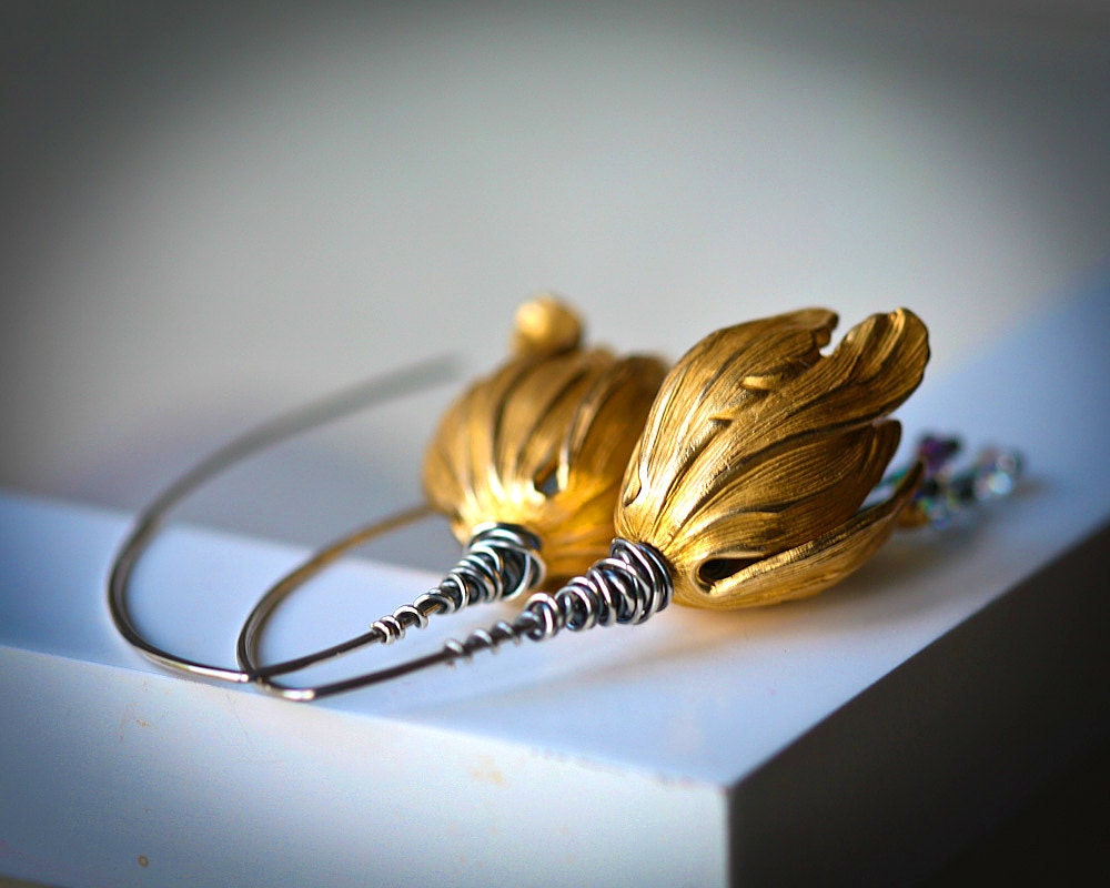 Brass Bells - Brass Tulips Mixed Metal Sterling Silver and Crystal Wire Wrapped Earrings