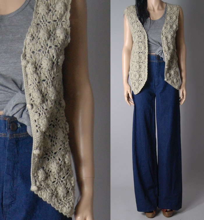 vintage 80s 90s preppy TAUPE CROCHET VEST hand knit floral one size