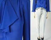 vintage 80s semi sheer BLUE ASCOT BLOUSE loose light. womens s/m