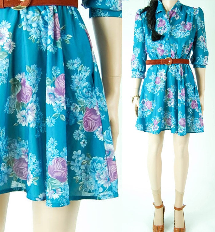 vintage 70s teal semi sheer MINI FLORAL DRESS. drapey romantic summer