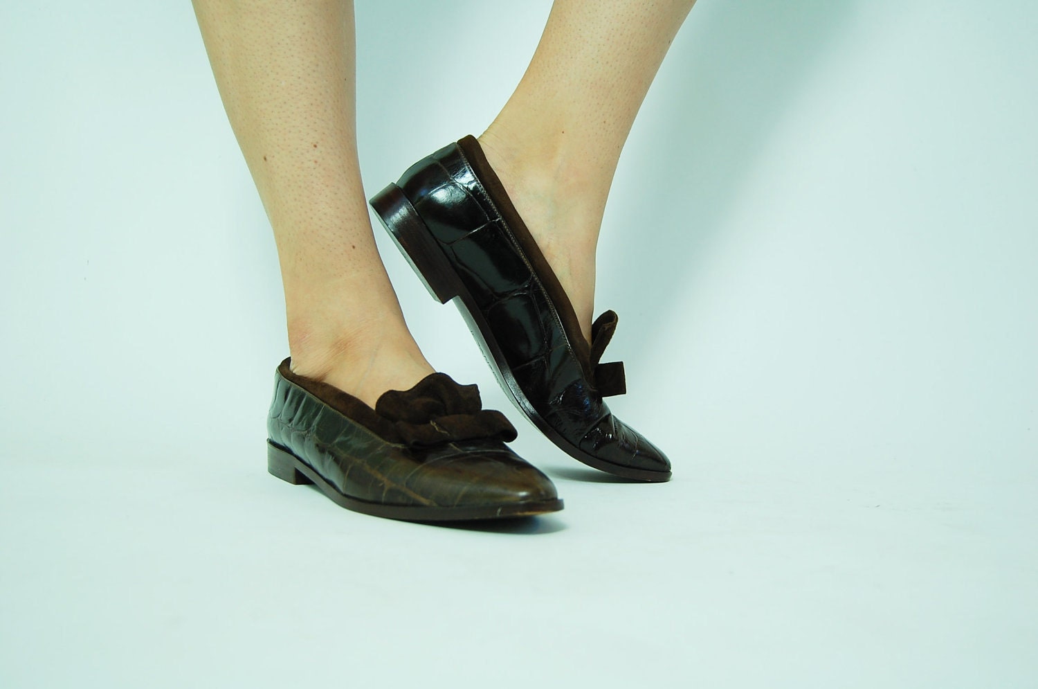 sale vintage 80s joan and david brown LEATHER BOWTIE FLATS womens 8