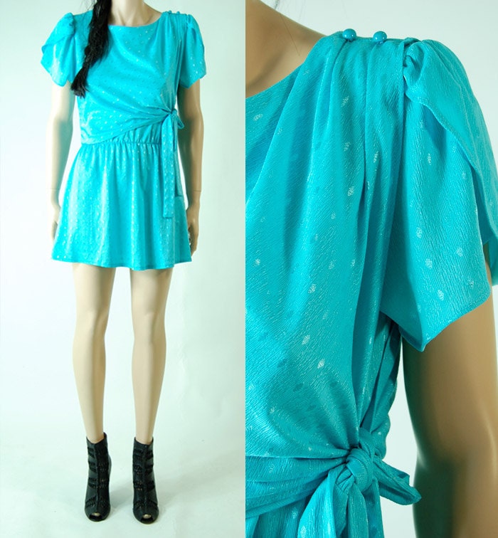vintage 80s aqua blue abstract secretary WRAP MINI DRESS m/l