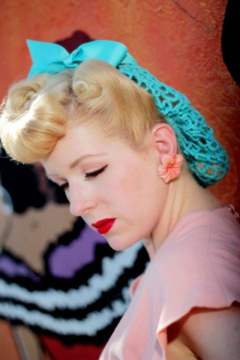 Vintage Retro Pinup Hair Snood in Turquoise Crocheted from 1940's Design READY TO SHIP Featured in Victory Girls Magazine